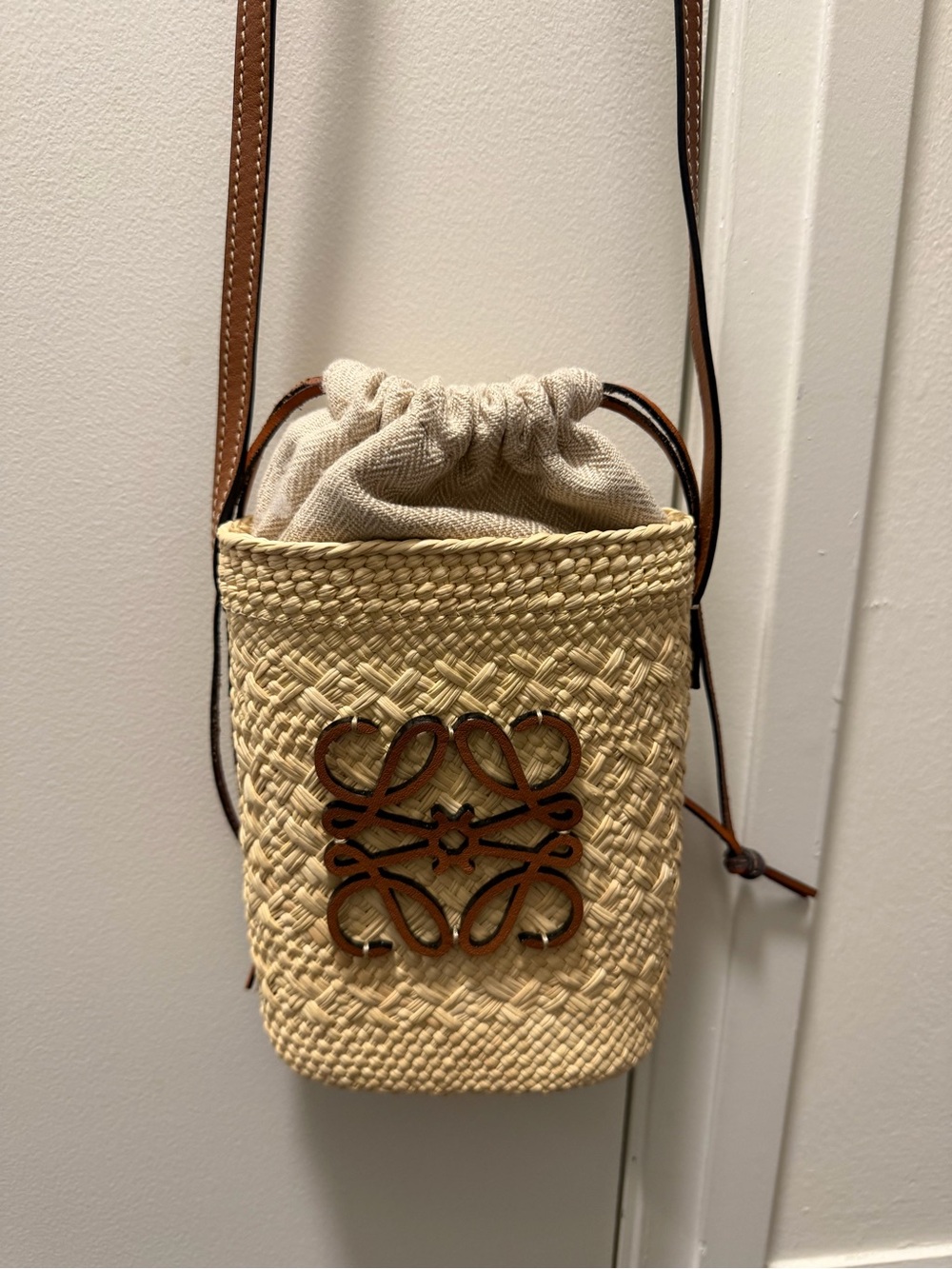 Loewe Natural Straw Crossbody with Brown Leather Logo